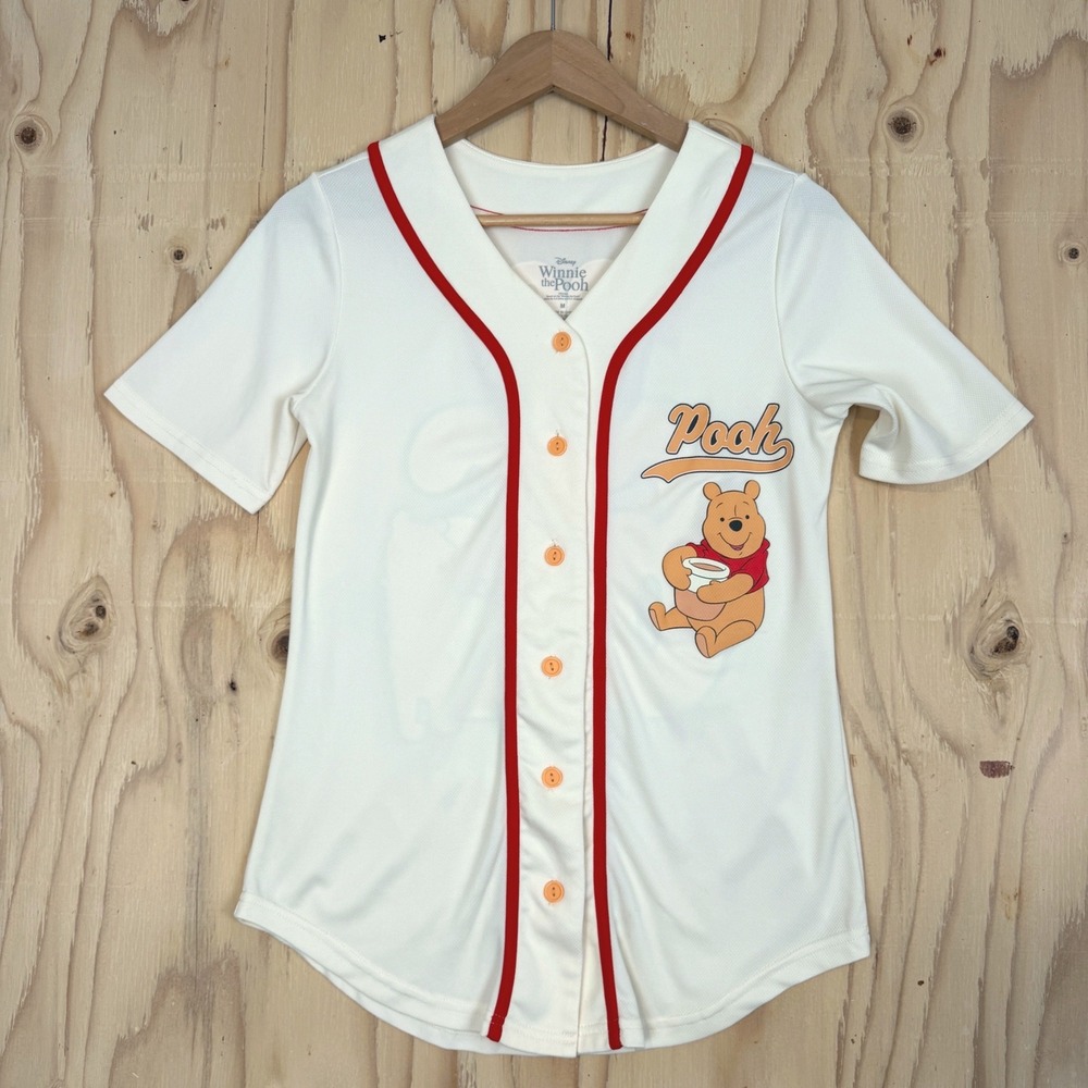 Disney Baseball Jersey Women's Med Winnie the Pooh Ivory Pooh 66 Mesh Graphic